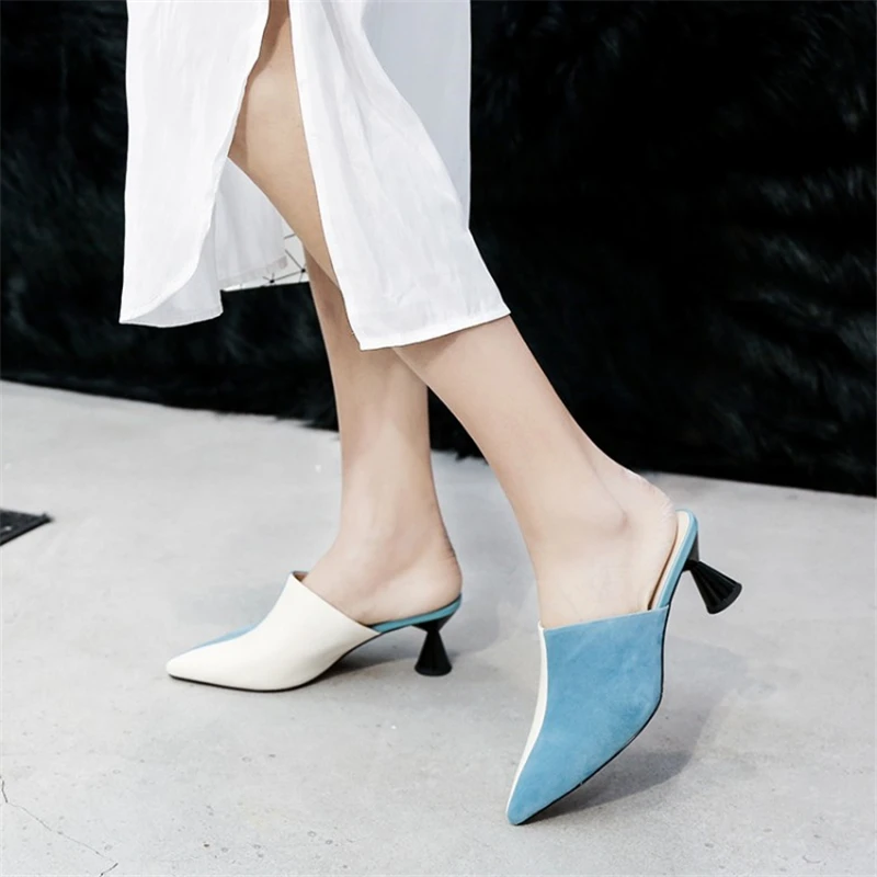 Ouqinvshen/разноцветные летние тапочки для женщин синий Малыш замши острый носок