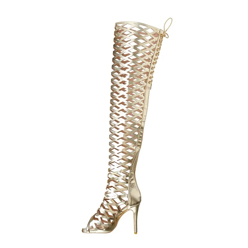 Gold Hollow Out Thigh Boots Women Peep Toe Lace Up Zip Shoes Cutouts Mirror Leather Over The Knee Boots Size 36-44 Sandal Boots
Gold Hollow Out Thigh Boots Women Peep Toe Lace Up Zip Shoes Cutouts Mirror Leather Over The Knee Boots Size 36-44 Sandal Boots