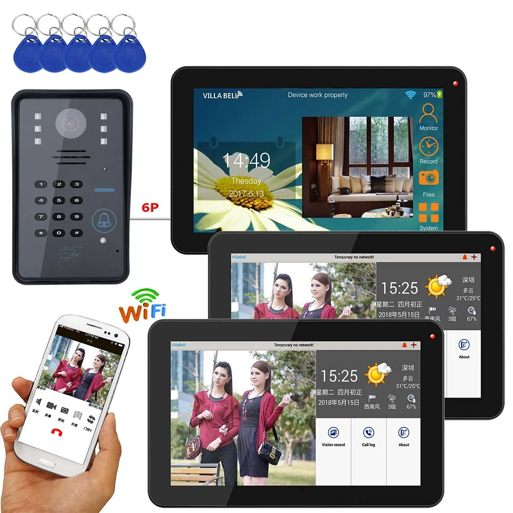 9 дюймов 3 монитора проводной/беспроводной Wifi RFID пароль видео дверной звонок