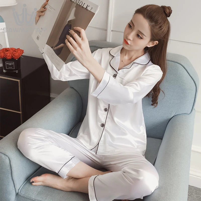 Pajama Sets Silk Satin Women Pijama Long Sleeve Pajamas Two Piece Sets Sleepwear Suit Home Fashion Pyjama Large Size Nightwear
Pajama Sets Silk Satin Women Pijama Long Sleeve Pajamas Two Piece Sets Sleepwear Suit Home Fashion Pyjama Large Size Nightwear