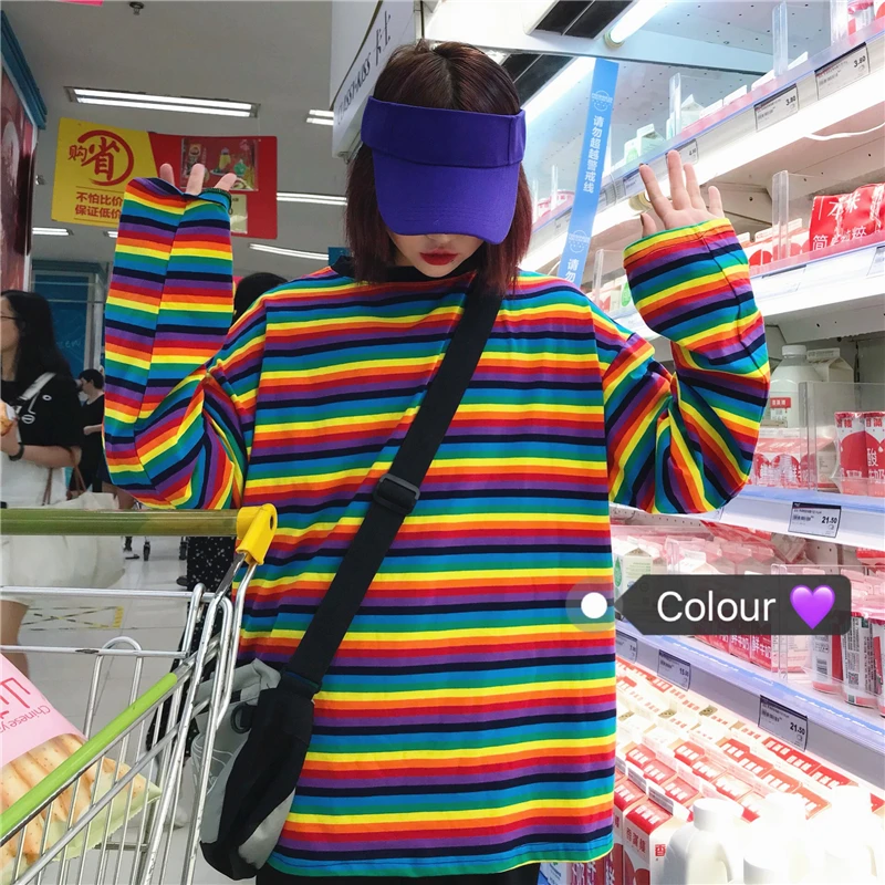 2019 New Ulzzang Harajuku Tshirt Rainbow Striped Tops Long Sleeve Oversized Women Tshirt