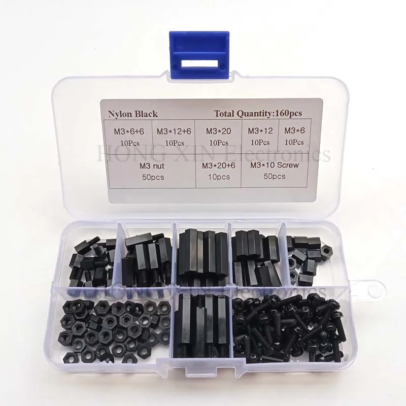 

160Pcs M3 Nylon Black M-F Hex Spacers Screw Nut Assortment Kit Stand off Set Box Nylon Male-Female Standoff