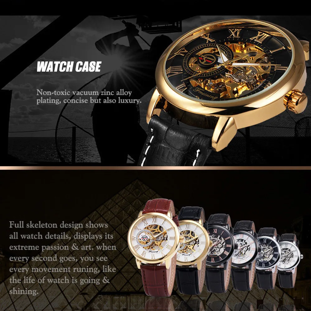 

Forsining 3d Logo Design Hollow Engraving Black Gold Case Leather Skeleton Mechanical Watches Men Brand Heren Horloge