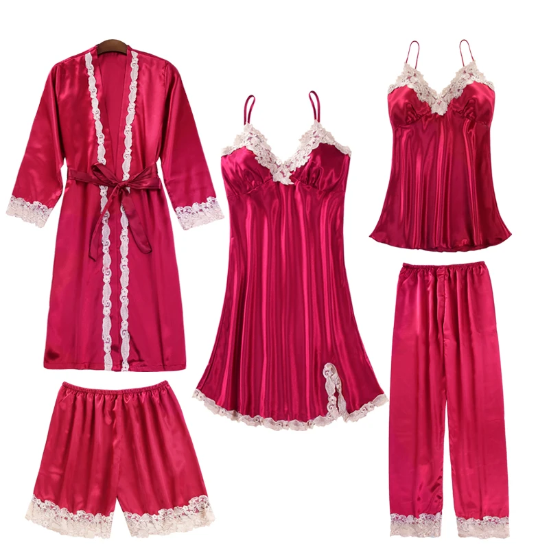 Pyjama lady 5 Piece Sexy Pajamas Set Imitation Silk Lace Sling Sleeveless Shorts Summer Robe Sleepwear womens luxury clothes
Pyjama lady 5 Piece Sexy Pajamas Set Imitation Silk Lace Sling Sleeveless Shorts Summer Robe Sleepwear womens luxury clothes