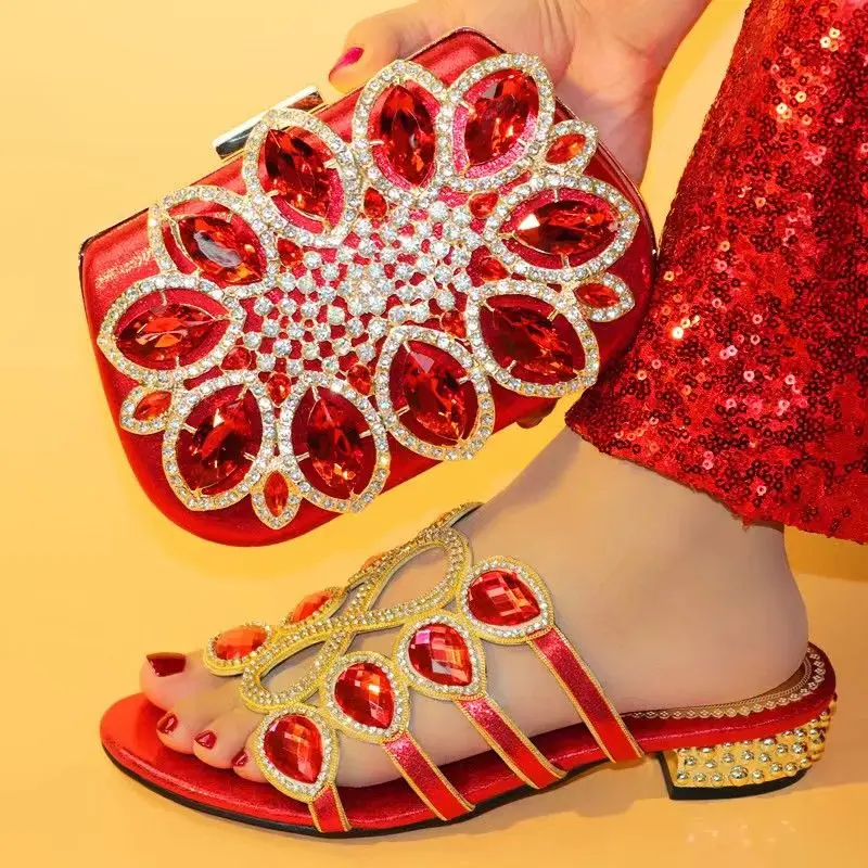 Gorgeous red women sandals with rhinestone and big crystal african shoes match handbag set for party dress V0741, heel 3.8cm
Gorgeous red women sandals with rhinestone and big crystal african shoes match handbag set for party dress V0741, heel 3.8cm