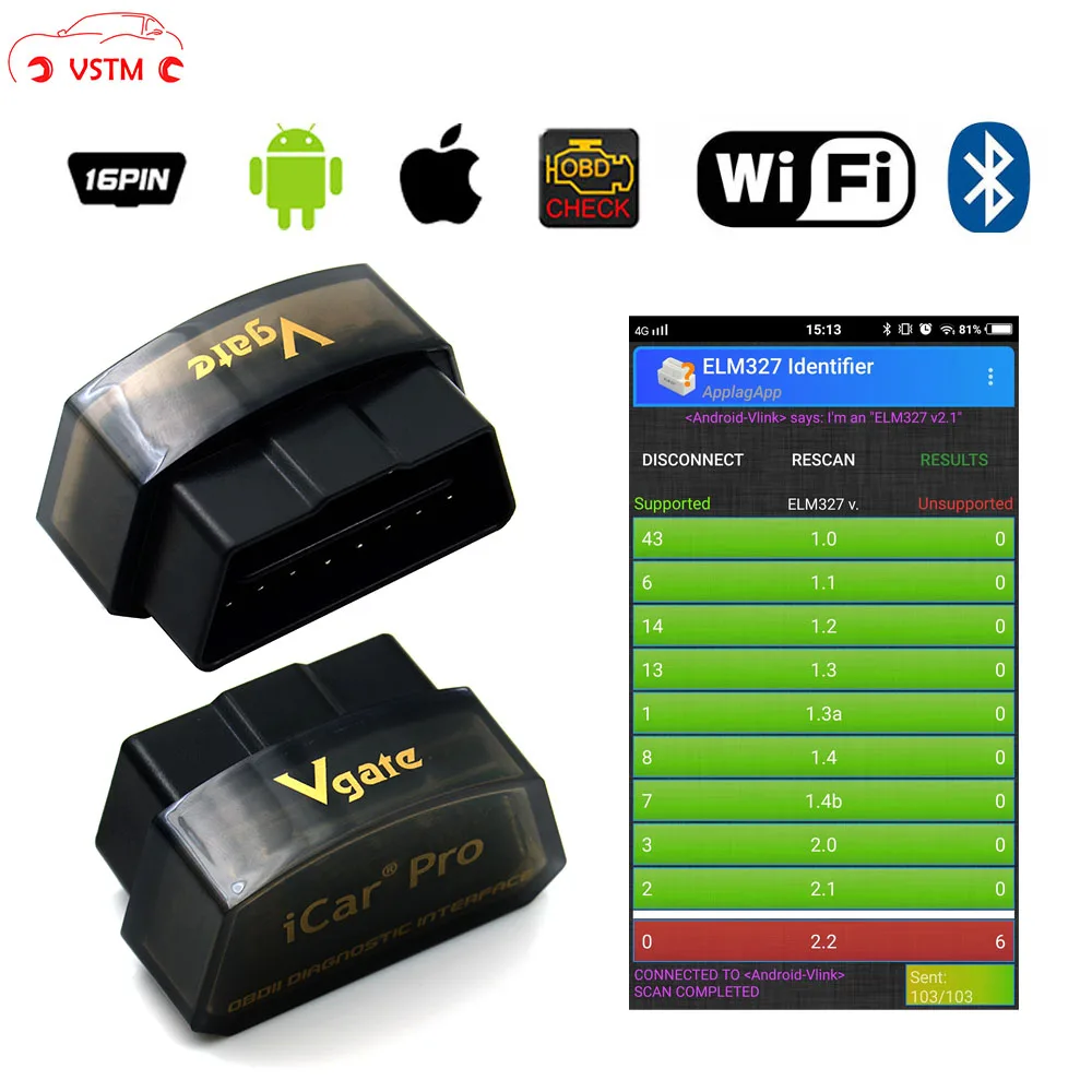 Vgate iCar Pro elm327 V2.1 WiFi/Bluetooth 3.0/4.0 Android Torque app OBDII scan tool
Vgate iCar Pro elm327 V2.1 WiFi/Bluetooth 3.0/4.0 Android Torque app OBDII scan tool