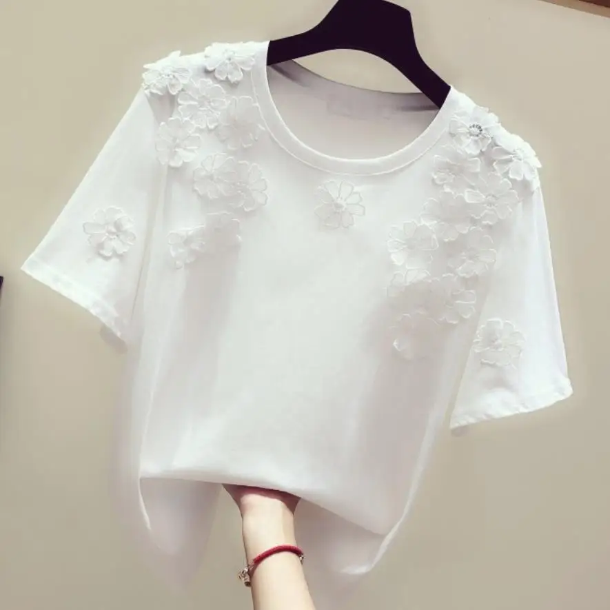 2022 summer new fashion three-dimensional small flower t-short women white o-neck short-sleeved top tees
2022 summer new fashion three-dimensional small flower t-short women white o-neck short-sleeved top tees