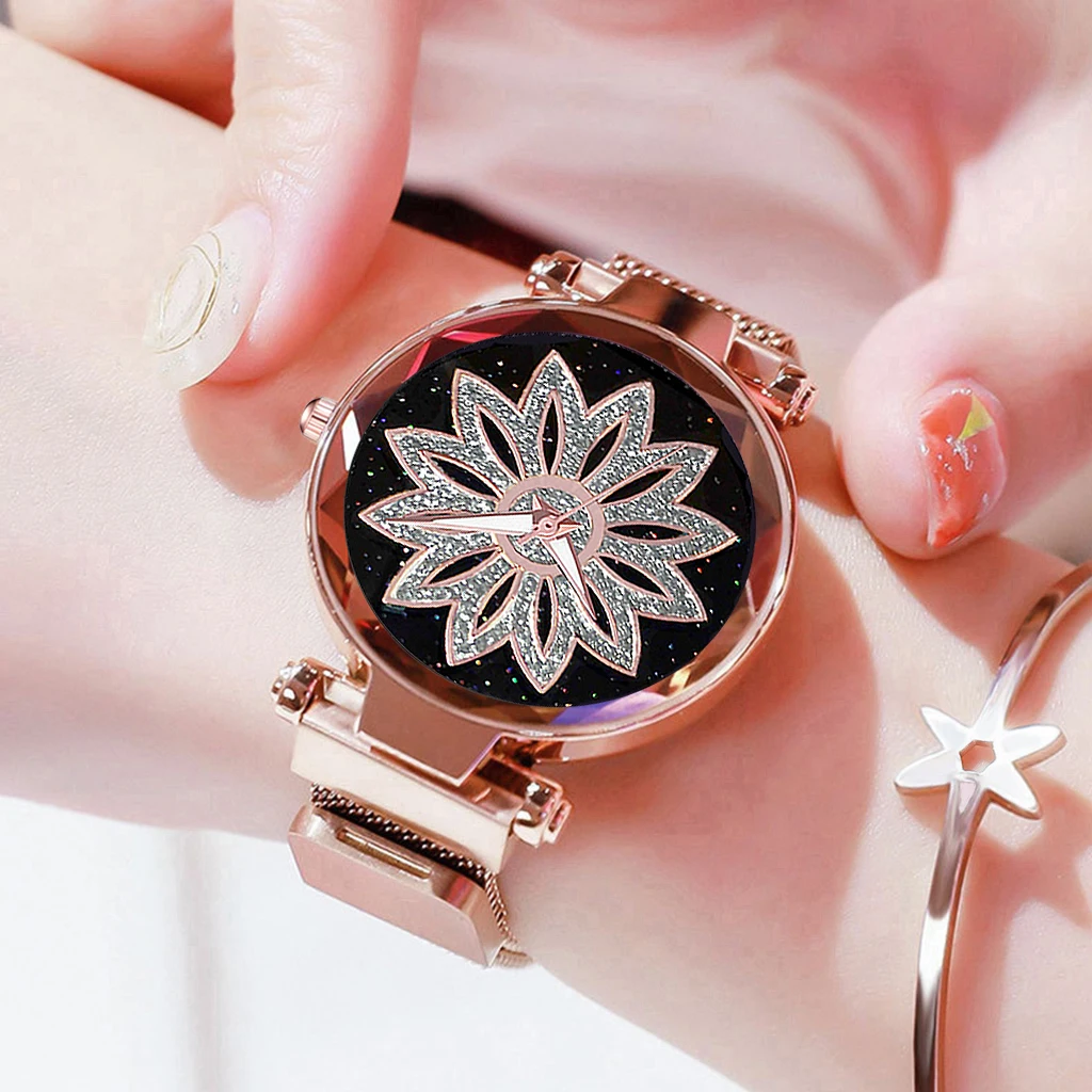 Women Flower Rhinestone Wrist Watch Magnet Ladies Luxury Casual Rose Gold Steel Quartz Relogio Feminino Wristwatch Saati | Наручные часы