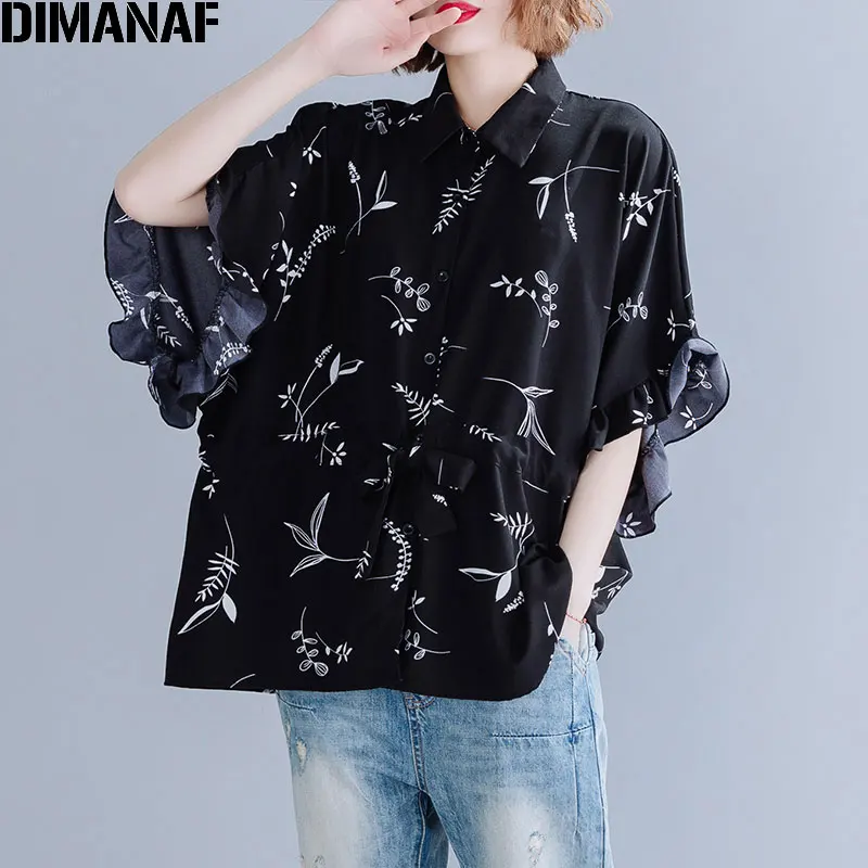Женская шифоновая блузка DIMANAF свободная туника с оборками и цветочным принтом
