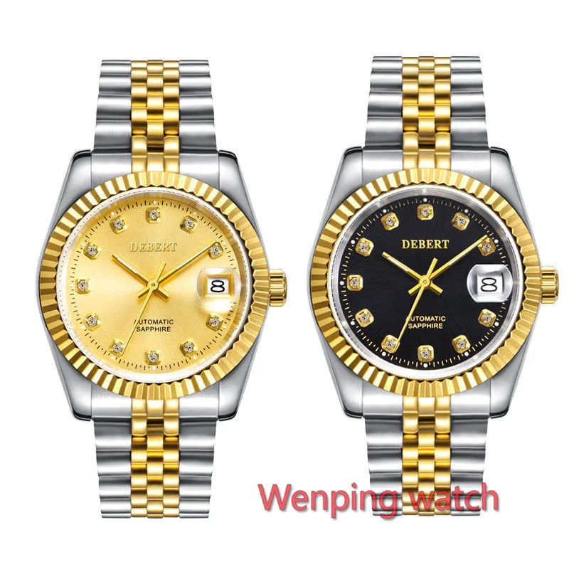 DEBERT Men Mechanical Watch Diamond Dial Gold stainless steel band sapphire glass Automatic movement W2138
DEBERT Men Mechanical Watch Diamond Dial Gold stainless steel band sapphire glass Automatic movement W2138