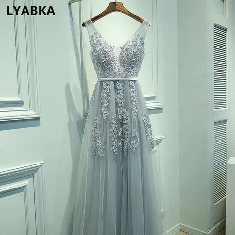 Женское вечернее платье из фатина, серое длинное платье с V-образным вырезом и аппликацией, 2024