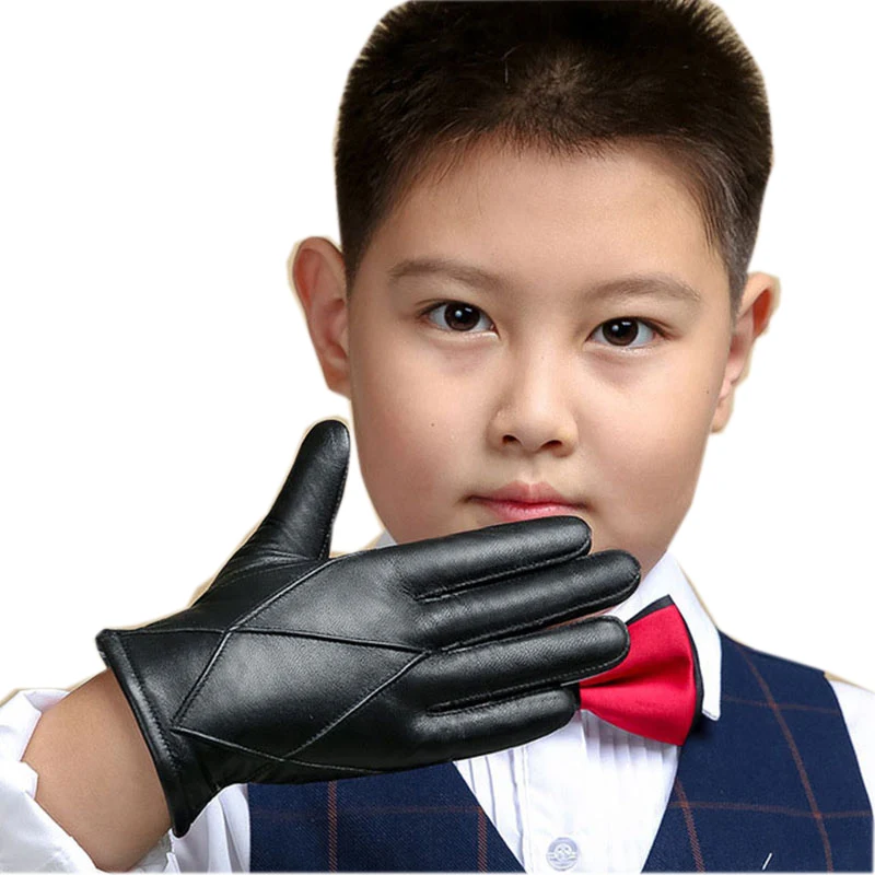 

Genuine Leather Gloves 2018 New Children's Glove Winter Warm Velvet Lined Five Fingers Kids Sheepskin Gloves For Boys NM964-5