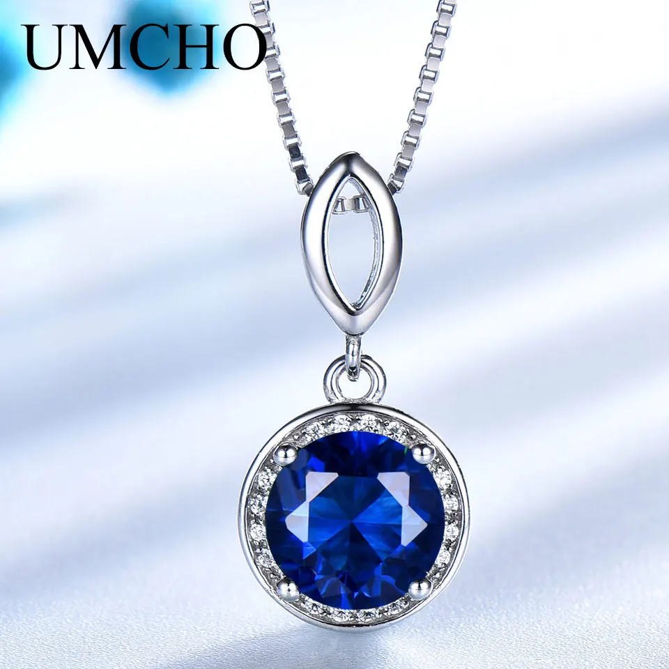 

UMCHO Blue Sapphire Round Pendants Necklaces For Women Chain Link Charm 925 Sterling Silver Jewelry Gemstone Gift With Box