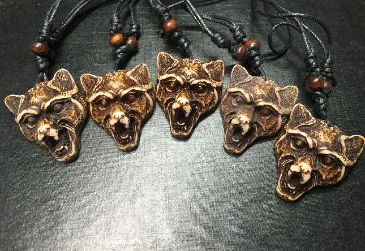 12 pcs Cool Yak Bone Powder Carved Wolf Head Pendant Necklace Choker Gift |