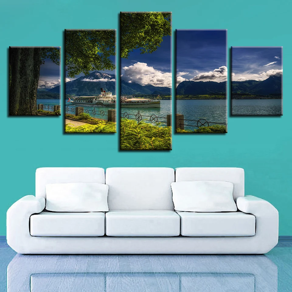 Decor Painting Wall Art Printed 5 Pieces Tree Lake Boat Mountain And Blue Sky White Cloud Scenery Canvas Pictures Modular Poster
Decor Painting Wall Art Printed 5 Pieces Tree Lake Boat Mountain And Blue Sky White Cloud Scenery Canvas Pictures Modular Poster