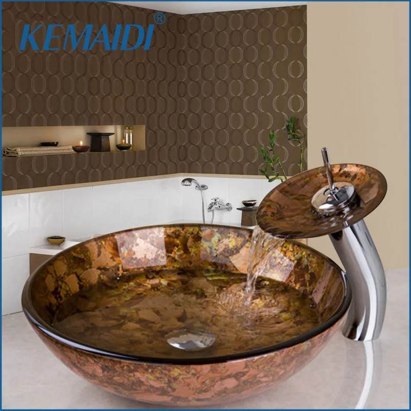 

KEMAIDI Bathroom Sink Washbasin Tempered Glass Hand-Painted +Waterfall Chrome Faucet Lavatory Combine Brass Set Tap Mixer Faucet