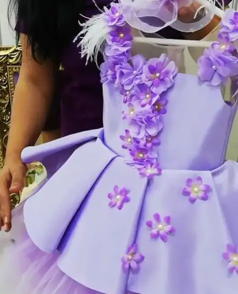 Lilac purple cupcake puffy toddler girl glitz pageant dresses baby infant tulle birthday tiered party gown with flowers and bow | Мать и