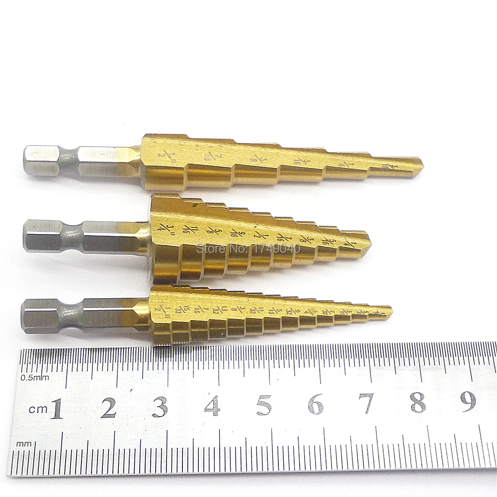 3pc HSS Titanium Coated Step Drill Bit 3/16"- 1/2" 1/4" - 3/4" 1/8" - 1/2" Cone Drill Bit Set Cut Metal Wood Drilling Power Tool
3pc HSS Titanium Coated Step Drill Bit 3/16"- 1/2" 1/4" - 3/4" 1/8" - 1/2" Cone Drill Bit Set Cut Metal Wood Drilling Power Tool