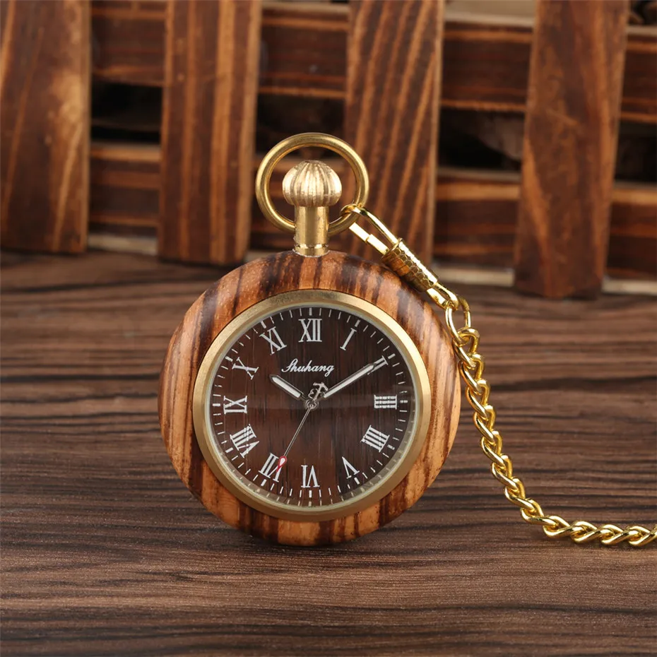 Vintage Open Face Roman Numerals Display Quartz Pocket Watch Wooden Case Luxury Pendant Steampunk Clock with Golden 30 cm Chain | Наручные