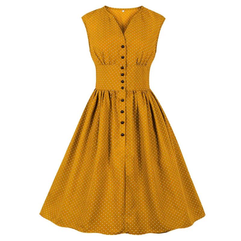 Yellow Sleeveless Single Breasted High Waist Polka Dot Casual Dress Summer Clothes for Women V-Neck Vintage Dress Robe Femme
Yellow Sleeveless Single Breasted High Waist Polka Dot Casual Dress Summer Clothes for Women V-Neck Vintage Dress Robe Femme