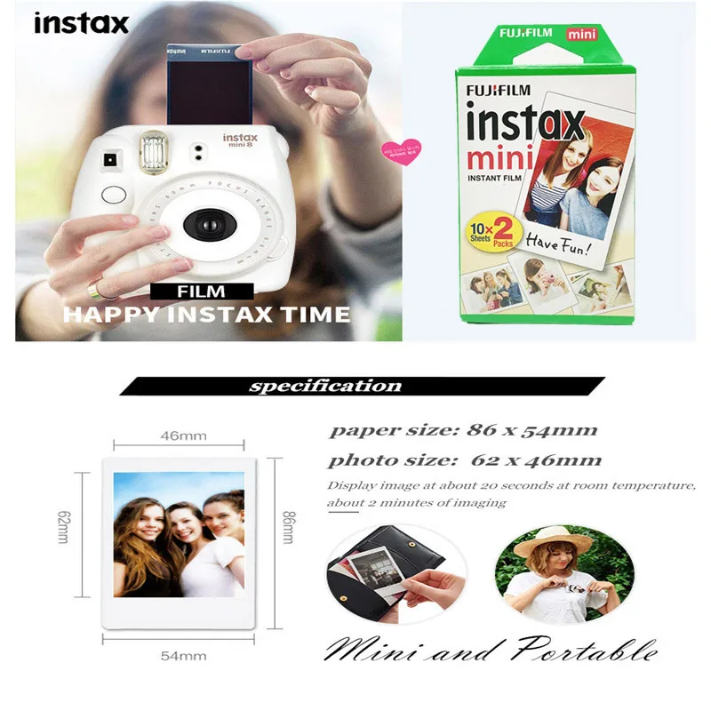 Белая пленка для Fujifilm Instax Mini 9 10 20 листов 3 дюйма мгновенной фотокамеры FUJI Polaroid 8 7s 70