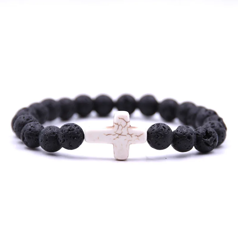 HONEYYIYI Black Lava Natural Stone Beads Bracelet Fashion Cross Charms For Women Beaded Boho Yoga Men Jewelry | Украшения и