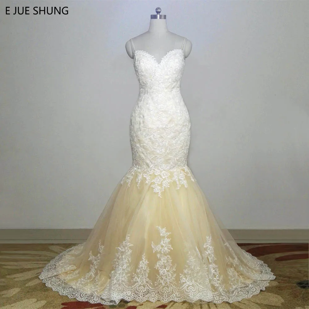 E JUE SHUNG Champagne Vintage Lace Appliques Mermaid Wedding Dresses Sweetheart Spaghetti Straps Backless Bride Dress
E JUE SHUNG Champagne Vintage Lace Appliques Mermaid Wedding Dresses Sweetheart Spaghetti Straps Backless Bride Dress