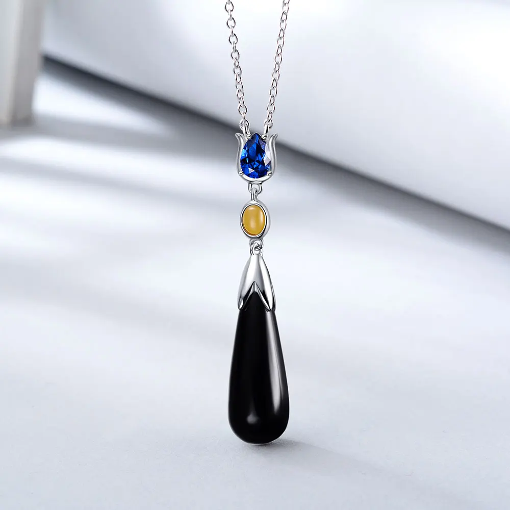 E Jewelry 925 Стерлинговое серебро подвеска в форме капель воды Black ожерелья с агатом