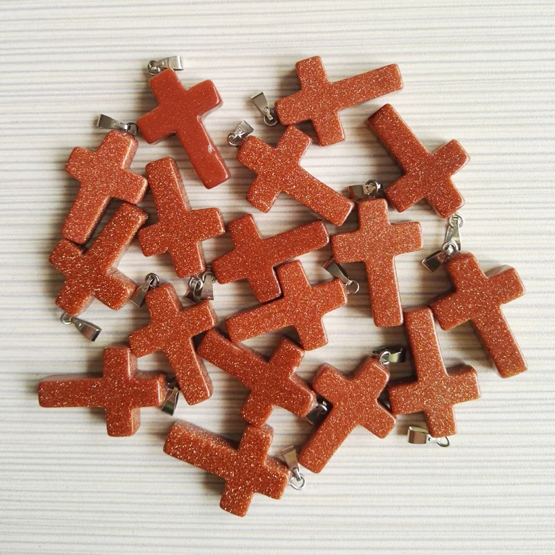 

wholesale Hot Sale Natural Gold sand Cross stone Pendants for jewelry making 50Ps/lot Free shipping