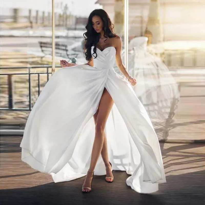 2019 New Arrival Simple White A Line Pleated Satin Long Beach Wedding Party Dresses Sexy High Slit Bridal Gown Summer Custom
2019 New Arrival Simple White A Line Pleated Satin Long Beach Wedding Party Dresses Sexy High Slit Bridal Gown Summer Custom