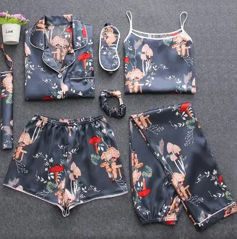 

Комплект пижамный женский из 7 предметов, Шелковый Атласный набор пижам Пижамы, одежда для сна, комплект из двух предметов