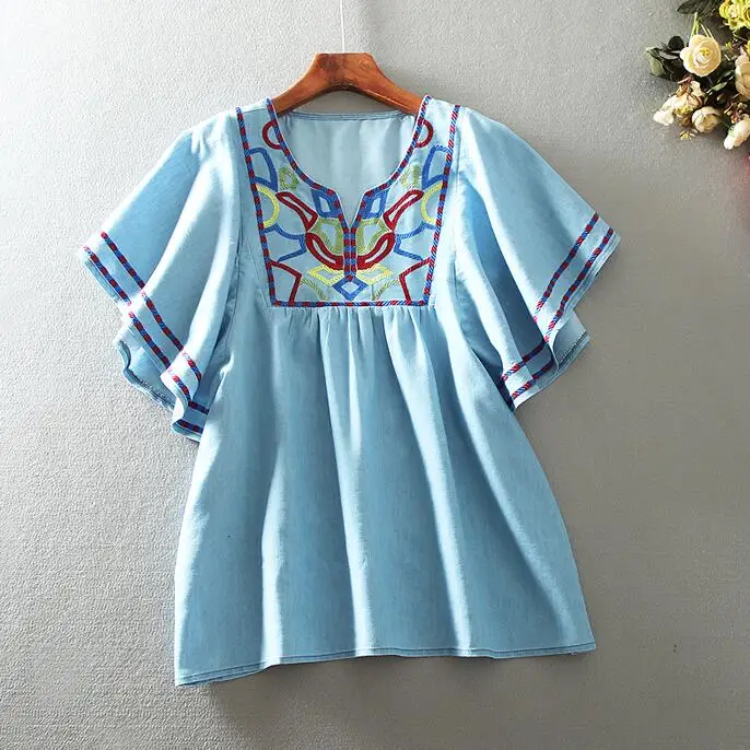 Women's spring summer vintage embroidery cotton shirt female casual loose chic denim shirt blouse tb071
Women's spring summer vintage embroidery cotton shirt female casual loose chic denim shirt blouse tb071