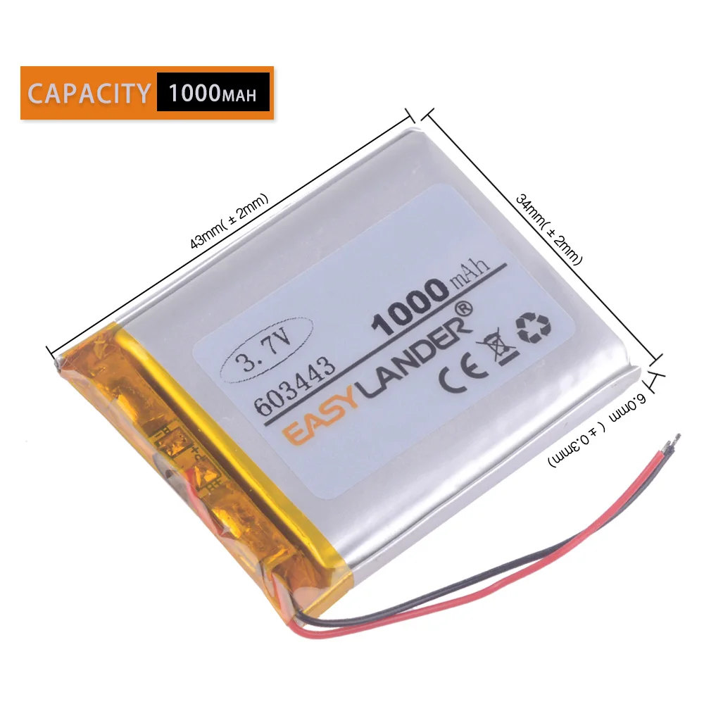 

603443 3,7 V 1000mAh литий-полимерная литий-ионная аккумуляторная батарея для Mp3 MP4 MP5 GPS PSP DVR электронной книги