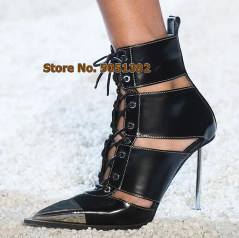 Women High Heel Sandals Cross Tied Metal Decoration Rivets Pointed Toe Cut-Out Ankle Short Booties Lace-up
Women High Heel Sandals Cross Tied Metal Decoration Rivets Pointed Toe Cut-Out Ankle Short Booties Lace-up