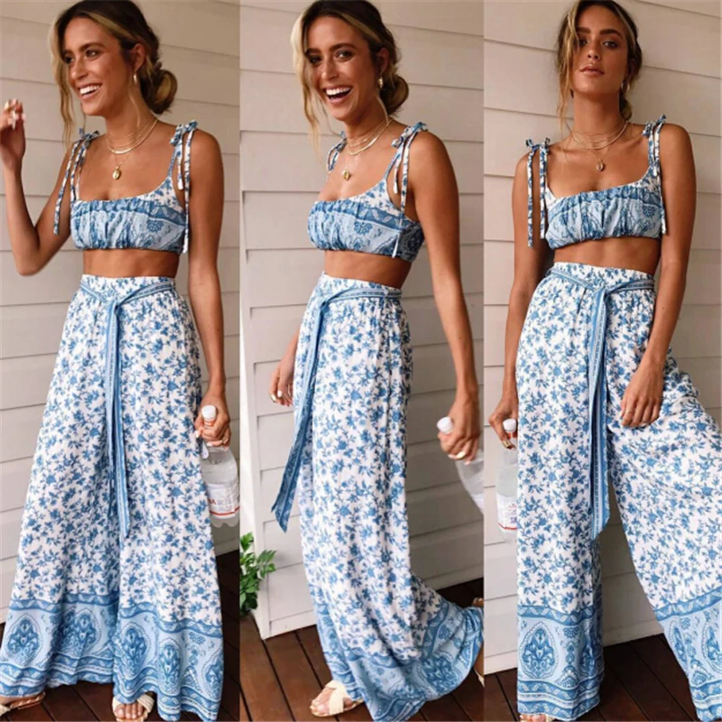 Women 2 Piece Outfit Set Sleeveless Crop Tops Long Pants Blue Floral Printed Summer Beach Holiday Female Clothing Set Outfits
Women 2 Piece Outfit Set Sleeveless Crop Tops Long Pants Blue Floral Printed Summer Beach Holiday Female Clothing Set Outfits