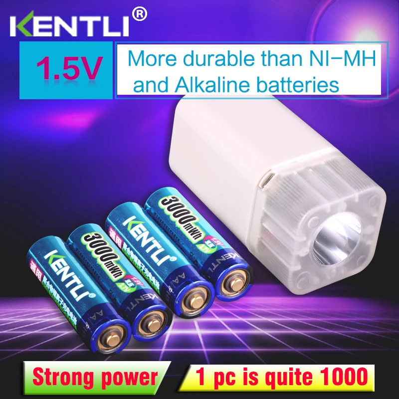 4pcs KENTLI 1.5v 3000mWh Li-polymer li-ion lithium rechargeable AA battery batteries + 4 slots Charger with LED flashlight
4pcs KENTLI 1.5v 3000mWh Li-polymer li-ion lithium rechargeable AA battery batteries + 4 slots Charger with LED flashlight