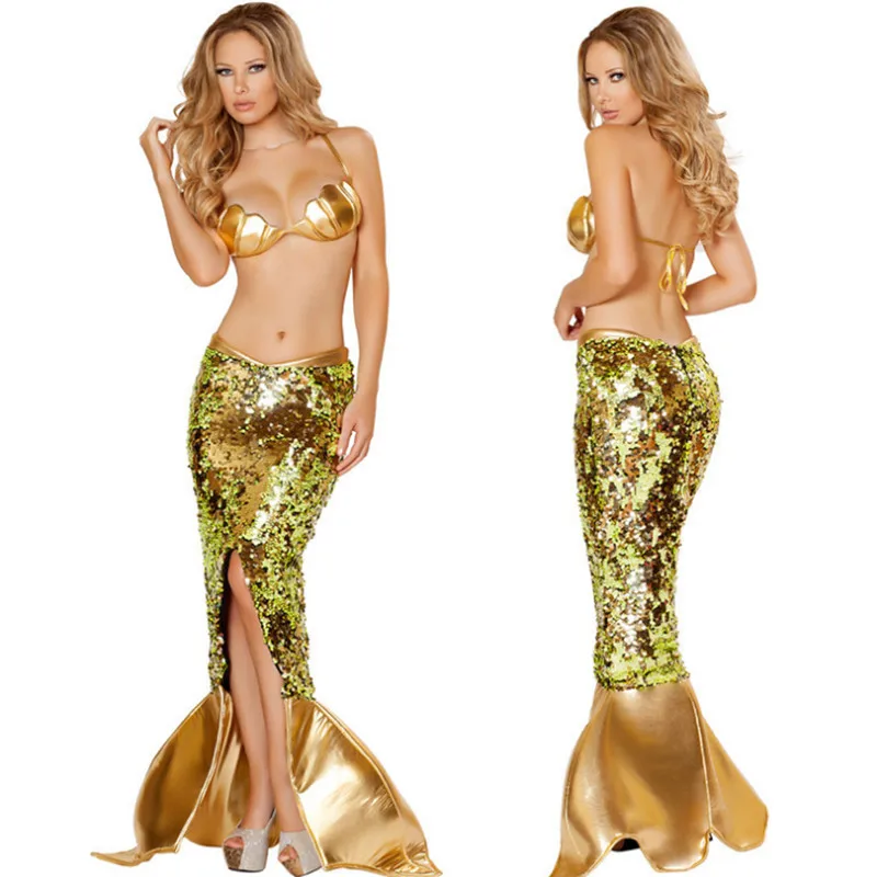 Сексуальная Золотая Богиня костюм русалки Хэллоуин морская сирена sequin костюмы