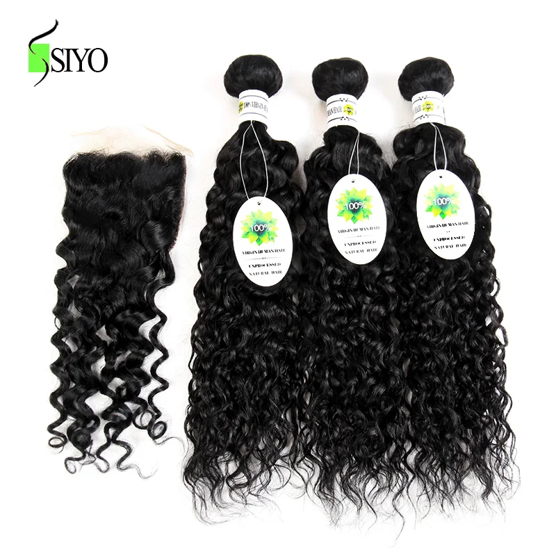 Волна воды 3 Связки с закрытием монгольские волосы Weave SIYO человеческие remy