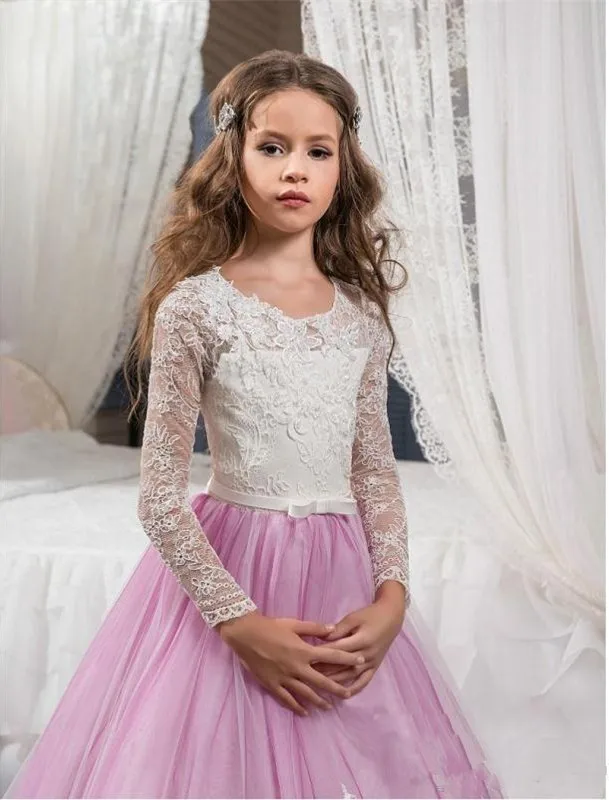 Lovely Lace Flower Girls Dresses For Weddings Pink Long Sleeves A Line Pageant for Kids Prom Gowns | Свадьбы и торжества