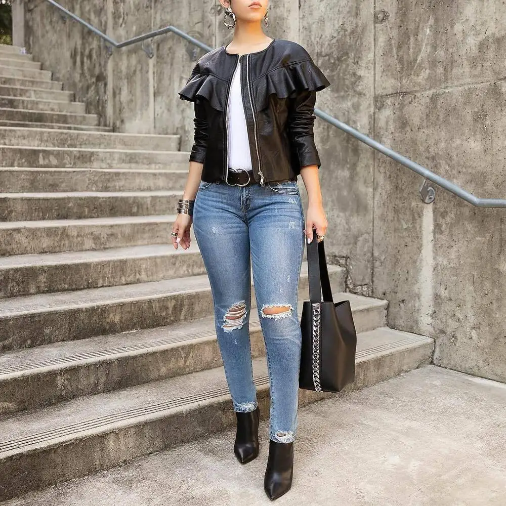 Fashion pleated faux leather jacket women solid black coat outerwear new 2019 autumn winter
Fashion pleated faux leather jacket women solid black coat outerwear new 2019 autumn winter