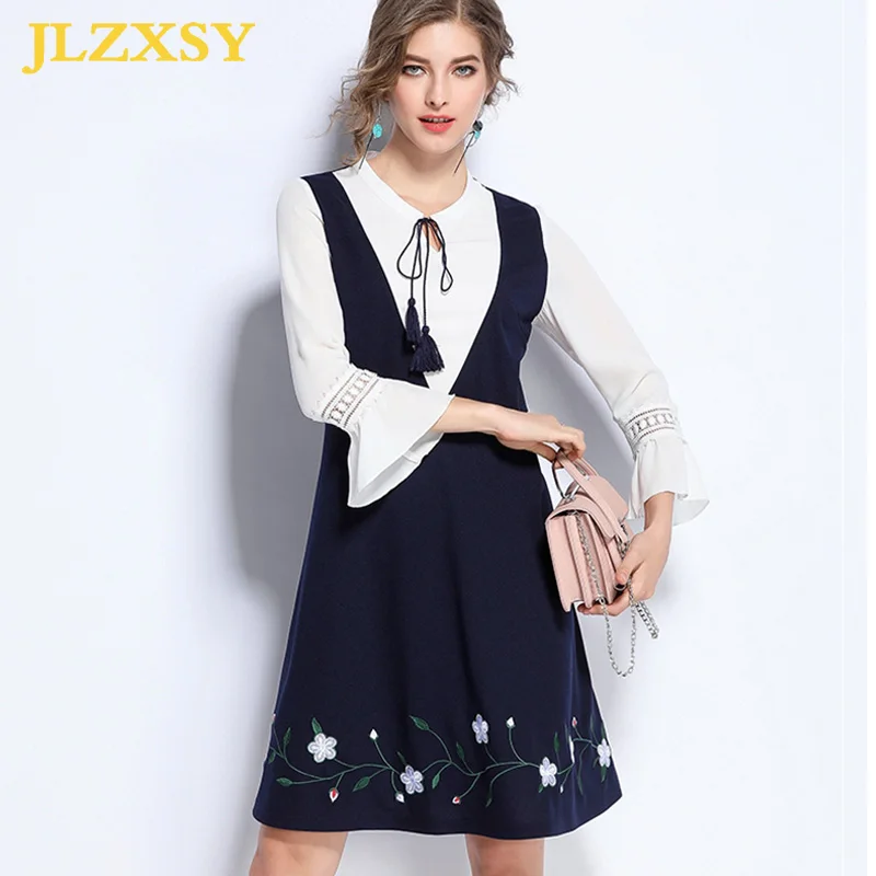 JLZXSY Летние Элегантные Для женщин кисточка вышивка Ложные двух частей платье