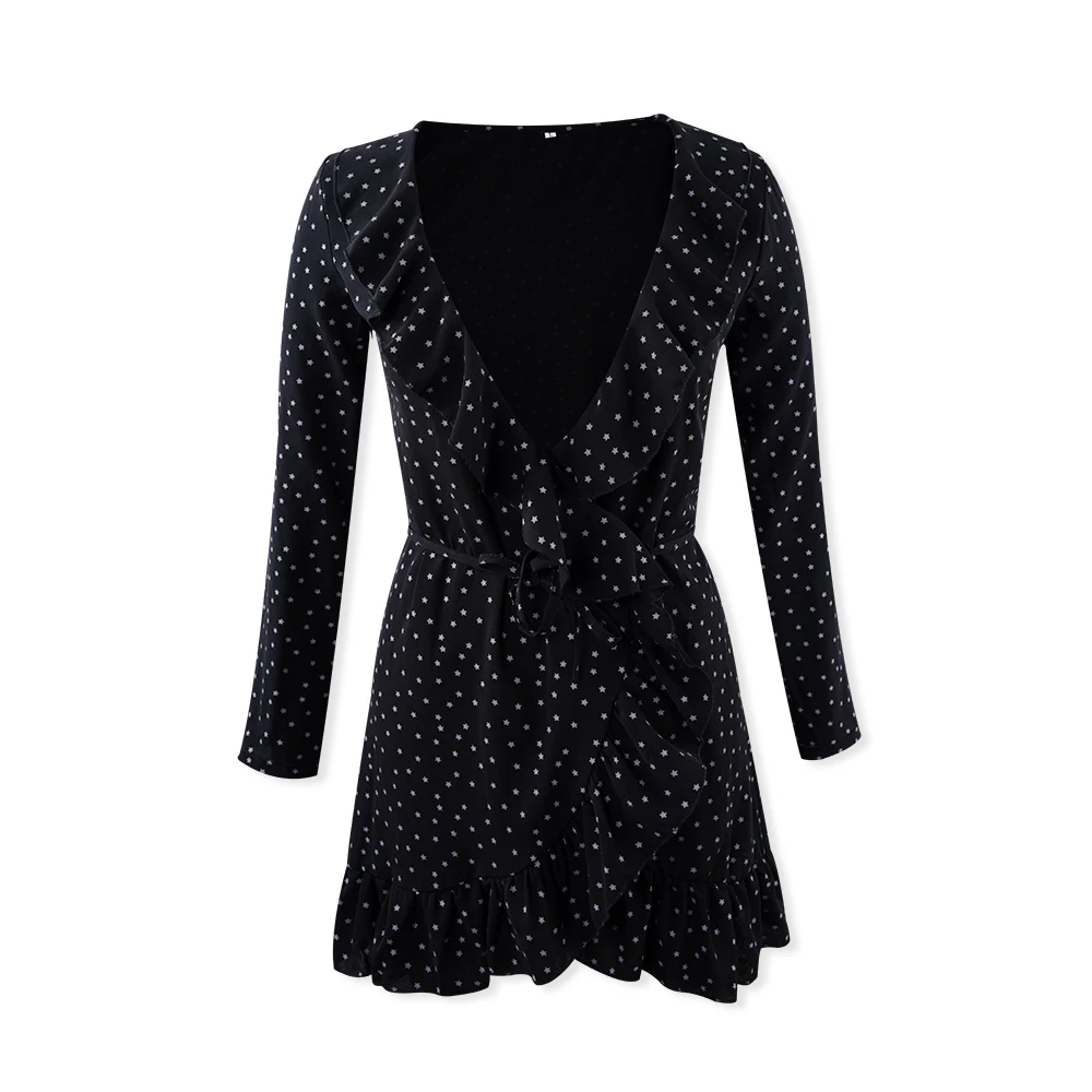 Sexy Ruffles Dot Print V-neck Streetwear Casual Dress Women Clothes OL Black Long Sleeve Lacing Chiffon Female Vestidos
Sexy Ruffles Dot Print V-neck Streetwear Casual Dress Women Clothes OL Black Long Sleeve Lacing Chiffon Female Vestidos