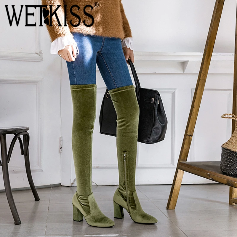 Зимние эластичные сапоги на толстом высоком каблуке от WETKISS женская обувь из