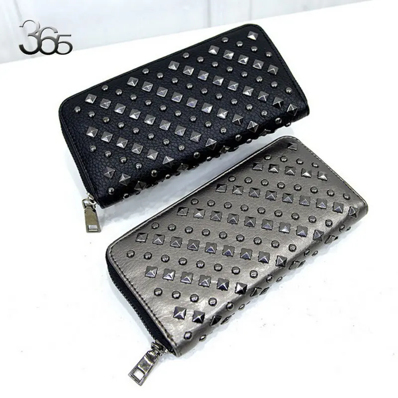 Free Shipping Black / Champagne Color Vintage Women Long Purse Rivet Leather Zipper Phone Clutch PU Wallets | Багаж и сумки