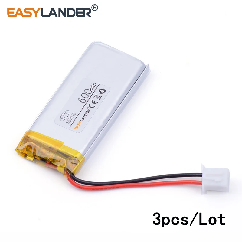 

3pcs /Lot XHR-2P 2.54 600mAh 652040 3.7v lithium Li ion polymer rechargeable battery Bluetooth MP3 wireless speaker recorder