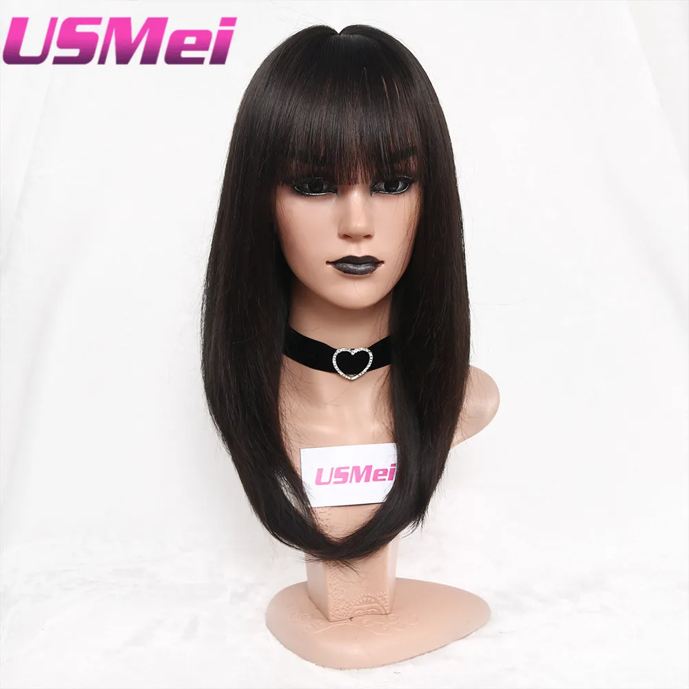 

USMEI Silky Straight long black Ombre brown blonde Synthetic Wigs for women two tone natural hair Neat Bang Wigs 4 colors choice