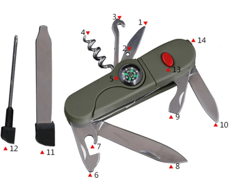 Multifunction outdoor Folding army military knife LED Emergency Light flashlight compass field survival tool 14 functions
Multifunction outdoor Folding army military knife LED Emergency Light flashlight compass field survival tool 14 functions