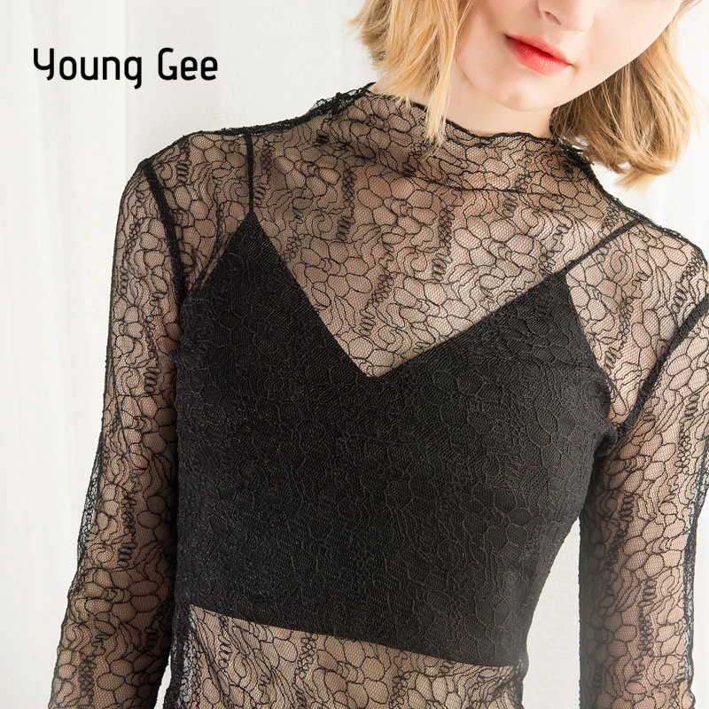 Фото Женская Прозрачная кружевная блузка Young Gee откровенная рубашка с цветочной