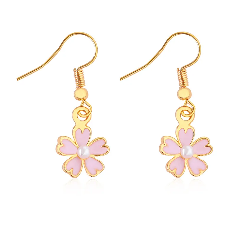 

Small White Simulated Pearl Pink Petals Flower Stud Hook & Clip Women Cute Dangle Earrings Drop Earrings