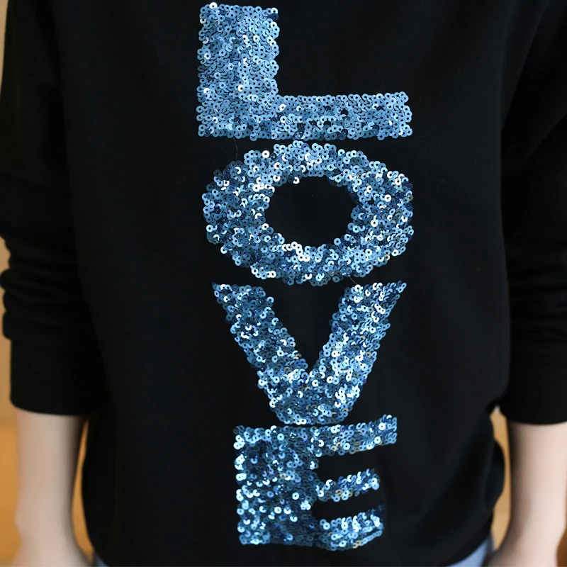 New winter women relaxed joker beading letter sequines embroidered thickening fleece black hoodies sweatshirt top o neck XL-4XL
New winter women relaxed joker beading letter sequines embroidered thickening fleece black hoodies sweatshirt top o neck XL-4XL